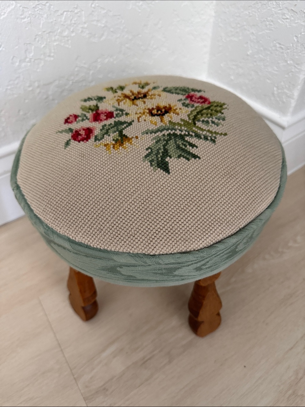 Vintage Needlepoint Floral Round Footstool in Cream and Sage